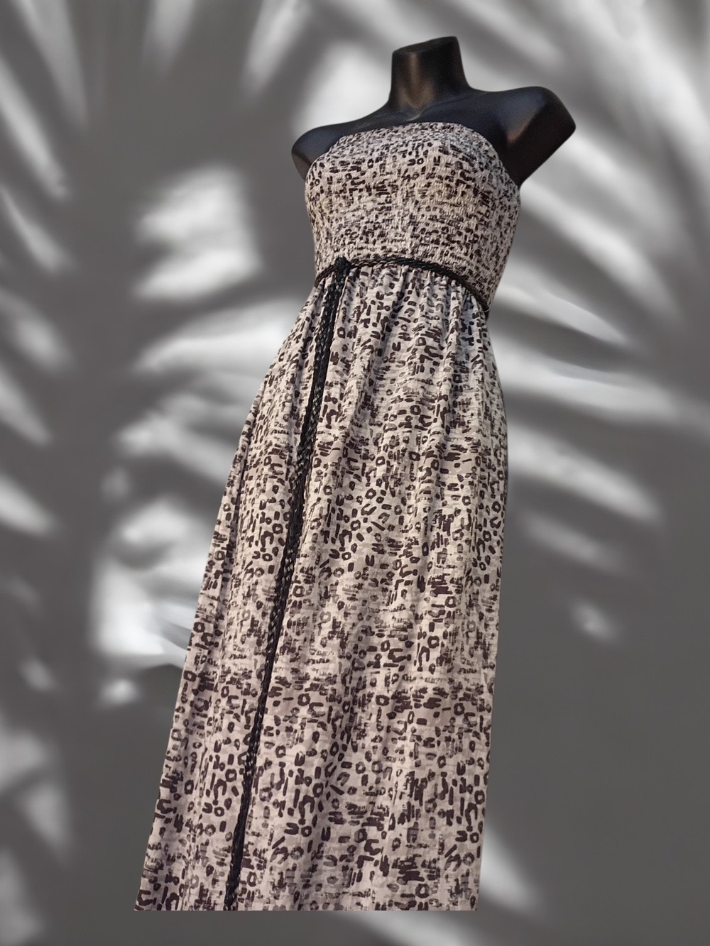 Mudd Strapless Print Smocked Maxi Dress with Braided Belt